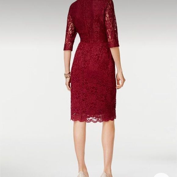 Thalia Sodi Lace Sheath Dress Womens Small Burgundy Red V-Neck Elbow Sleeve - Picture 2 of 7